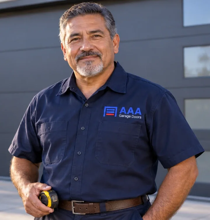 Iván Herrera, owner of AAA Garage Doors, in his uniform in front of a garage door